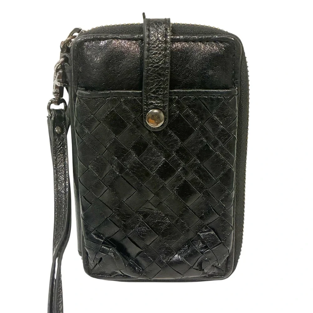 Elliot Lucca Black Woven Leather Organizer Id Slot Wristlet‎ Wallet